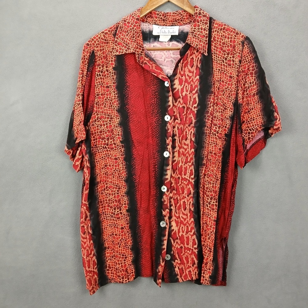 Options by Delta Burke Blouse Women 1X Red Black Scaled Print Rayon Button Front